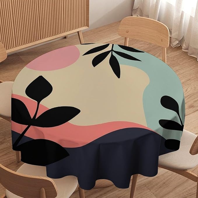 Medieval Bohemian Abstract Round Tablecloth, Mid Century Modern Leaves Geometric Tablecloth for Home Party Dining Room Kitchen Decor 60Inch(152cm)