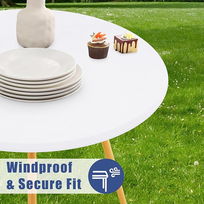 Round Spandex Tablecloth, Elastic Fitted Waterproof Tablecloths for 45"-56" Tables, Stretch Washable Picnic Table Cover for Camping, Dining, Indoor and Outdoor, White