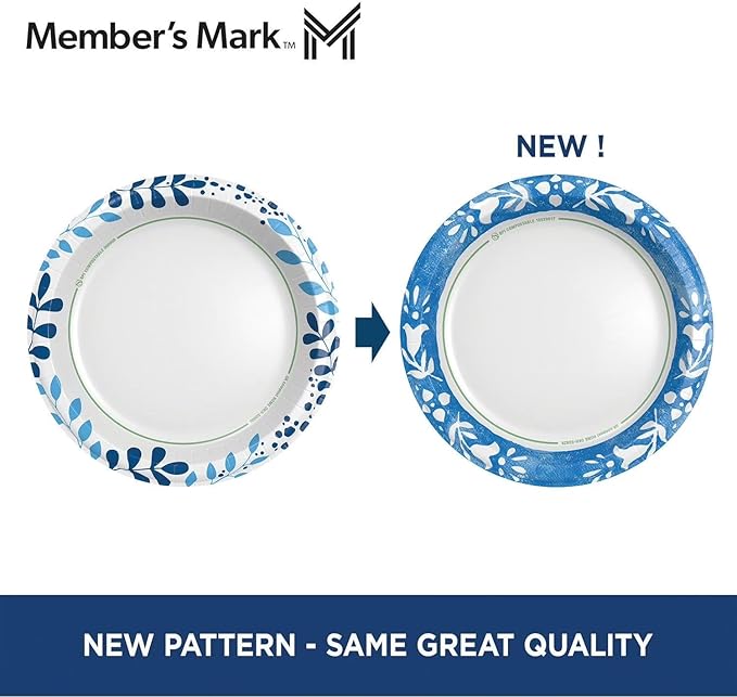 MMember's Mark Ultra Dinner Paper Plates, Blue Floral Pattern, 10 1/16 Inch, Compostable, Cut & Grease Resistant, Microwave Safe, 204 Count