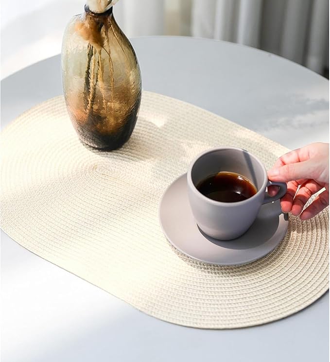 FunWheat Oval Braided Placemats Set of 8 Table Mats for Dining Tables Washable Heat Resistant Place Mats for Indoor Outdoor Use 12 x18 Inch(Oval Beige, 8pcs)