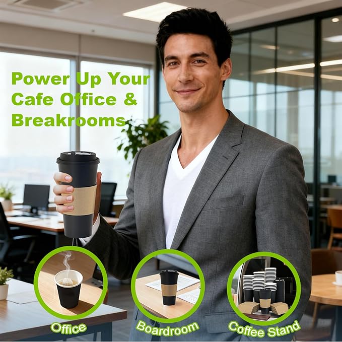 100 Pack 12 oz Disposable Coffee Cups with Lids and Sleeves, Leak-Proof To Go Coffee Cups, PLA Black Paper Coffee Cups for Hot Beverage
