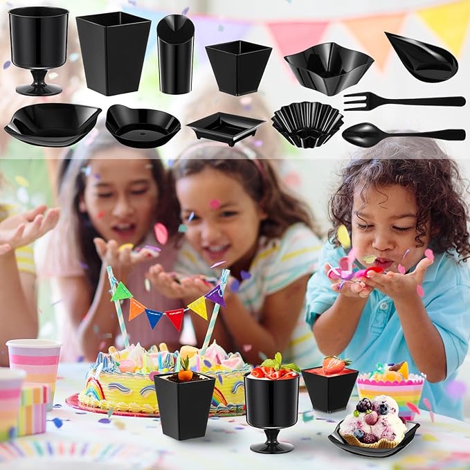 Tessco for you 1600 Pcs Mini Appetizer Plates Dessert Cups with Spoons Forks Set Assorted Shape Plastic Parfait Cups Dessert Plates Container Bowls with Disposable Spoon Fork for Party(Black)