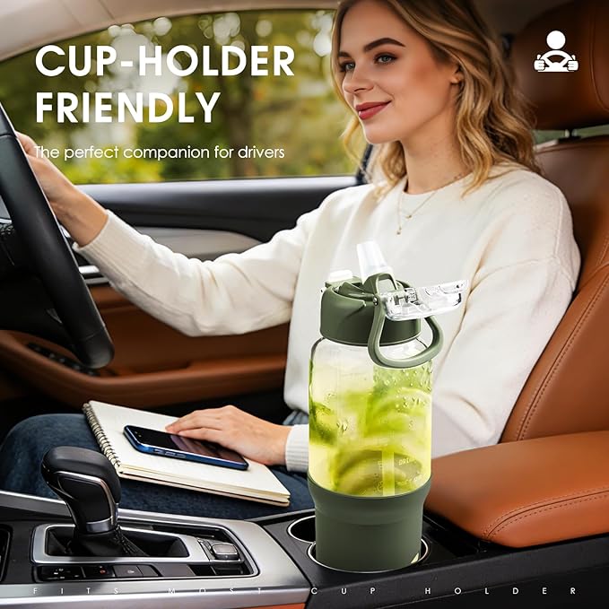 SIEROZUR 32 oz Glass Tumbler with Straw, Glass Water Bottles with 2 Lids-Handle Spout Lid & Straw Lid, 1 Liter Motivational Water Bottles, Silicone Sleeve, Fits Car Cup Holder,White