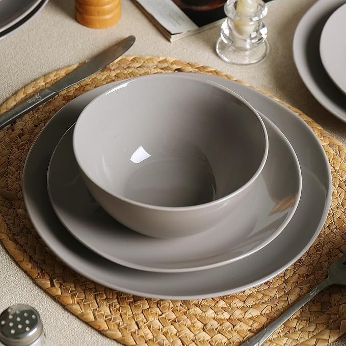 Dinnerware Sets for 4, 12 Pieces Stoneware Plates and Bowls Sets, Dishwasher&Microwave Safe,Modern Minimalist Tableware for Everyday Use, Grey