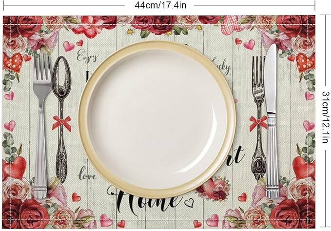 Retro Farmhouse Placemat Set, Romantic Pink Rose Floral Rural Plank Art Sketch Cutlery Knife Fork Inspirational Quotes Pattern Home Decor Linen Table Mats for Dining Room Kitchen Party (17x12in) x6P