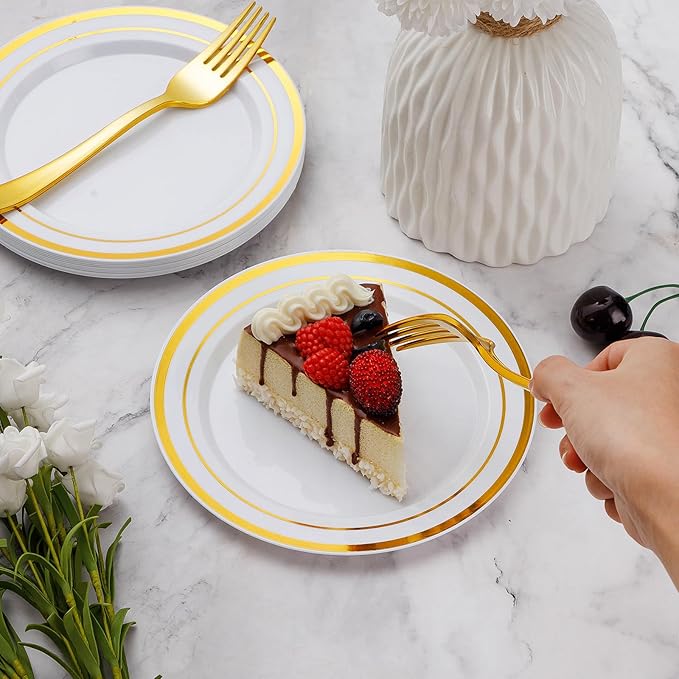 Goodluck 240PCS 7" Gold Dessert Plastic Plates with 7.4" Forks, Gold Appetizer Plates for 120 Guests, Including 120 Disposable Cake Plastic Plates and 120 Forks for Wedding/Birthday/Christmas Party