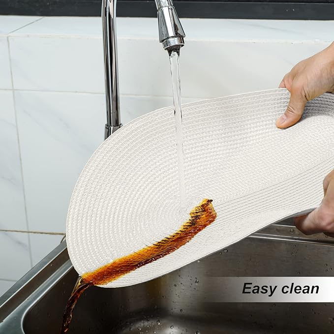 FunWheat Oval Braided Placemats Set of 4 Table Mats for Dining Tables Washable Heat Resistant Place Mats for Indoor Outdoor Use 12 x18 Inch(Oval White, 4pcs)