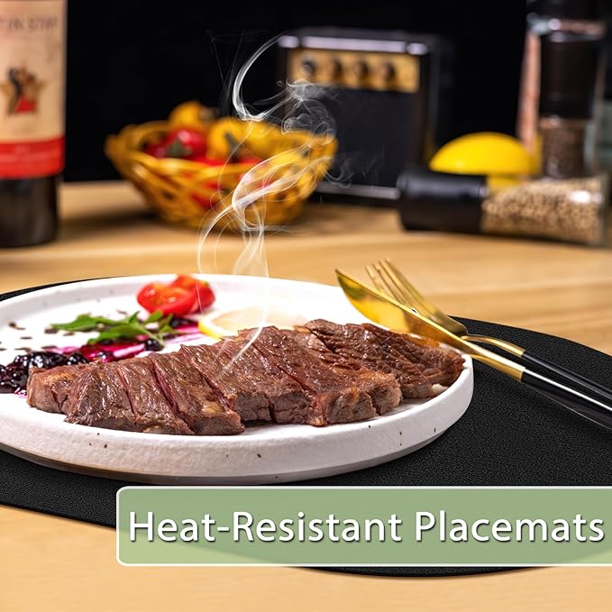 Placemats for Dining Table Set of 8 Non-Slip, Heat Resistant Oval Leather Placemat Double Layer, Waterproof Table Mats Easy to Clean for Kitchen Dining Room Coffee Office Table, Black