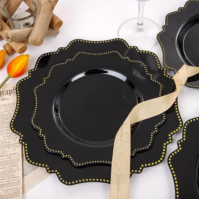 COLOSUS 60pcs Disposable Plastic Plates Set, Gold Black Party Plates, 30pcs Dinner Plates and 30pcs Salad/Dessert Plates for Wedding, Party, Anniversary, Daily Use，New Year