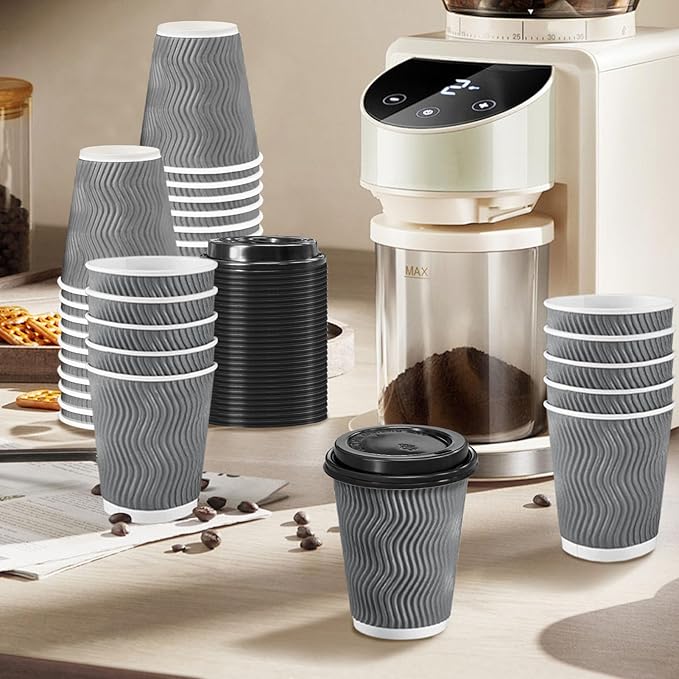 100 Pack 10 oz Disposable Coffee Cups with Lids, Insulated Ripple Wall To-Go Paper Coffee Cups Suitable for Chocolate Cocoa and Hot/Cold Drinks (Grey)
