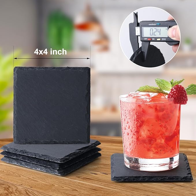 Slate Coasters Set of 6,4-Inch Black Square Stone Drink Coasters with Scratch-Resistant Backing,Durable Tabletop Protection for Home Office Kitchen,Ideal Housewarming Wedding Gifts