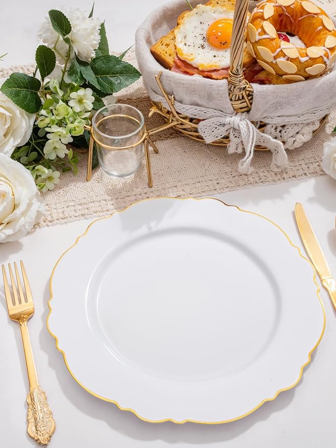 WDF 60pcs Gold Plastic Dinner Plates -10.25inch Baroque White and Gold Plates Fancy Plastic Plates for Upscale Bridal Shower & Wedding & Birthday