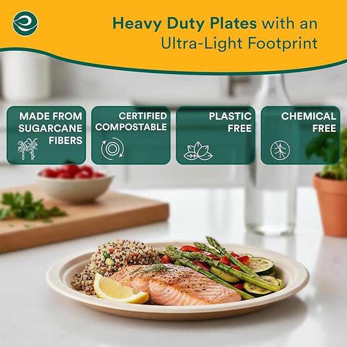 ECO SOUL Compostable 9 Inch(500-Pack) Biodegradable Heavy-Duty Disposable Eco-Friendly Paper Plates for Dinner & Parties, Wedding, Event