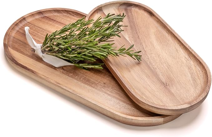 Acacia Wooden Serving Trays Set of 2 - Rectangular Oval Shaped Wood Plates for Charcuterie Cheese Bread Fruit Vegetable Dip Sushi - Rustic Serving Platter Shallow Dishes -14x7 & 11x5.5 In.