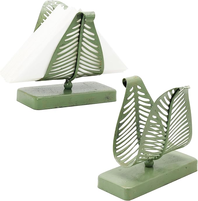 Owlgift Rustic Green Leaf Napkin Holder Set of 2 – Decorative Iron Tissue Organizer for Kitchen, Dining Table, or Entryway – Vintage Country Style Metal Letter Holder Rack