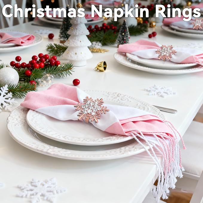 ZeeDix Christmas Snowflake Napkin Rings Set of 6- Rose Gold Rustic Dinner Tables Setting Decoration for Wedding Receptions, Christmas Holiday Party Dinner Parties