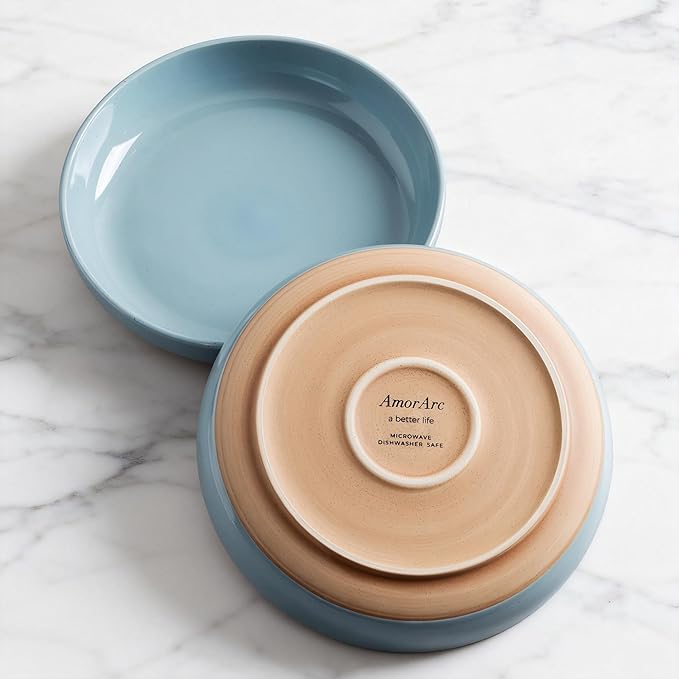 AmorArc 8.75'' Large Ceramic Pasta Bowls, 36oz Handpainted Stoneware Bowls Set of 4, Microwave&Dishwasher Safe Bowls with Rustic Terracotta Underside for Pasta Salad, Blue