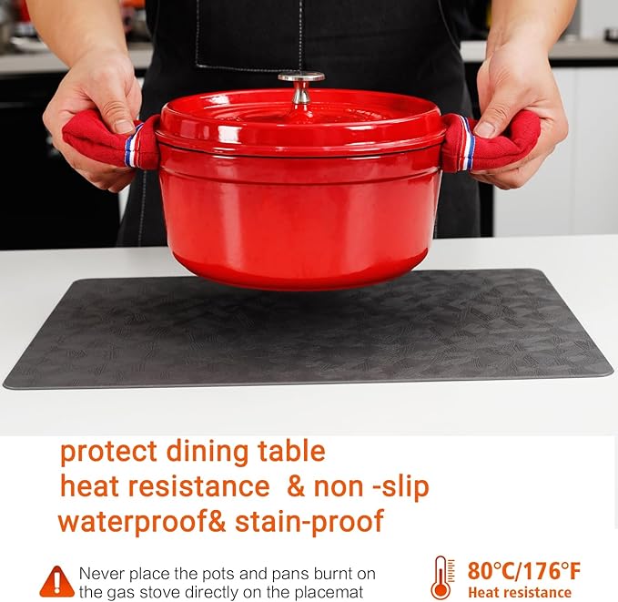 Vinyl Placemats Set of 4 Heat Resistant Easy Clean Non-Slip Place Mats for Dining Table Faux Leather Waterproof Stain Resistant Wipeable Washable PVC Table Mats(4, Gray)