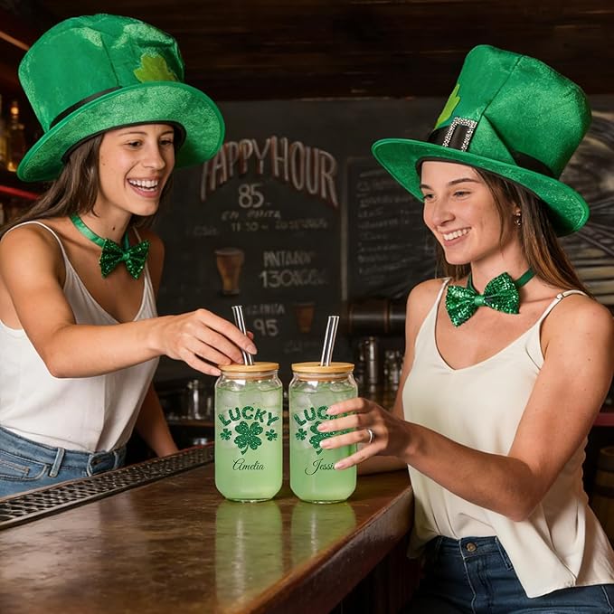 Mason Life St Patrick's Day Personalized Glass Tumbler, 18 OZ Cute Glass Cup with Lid and Straw, Lucky Clover Beer Can Glass, Personalized St.Patrick's Day Gift for Women Girls