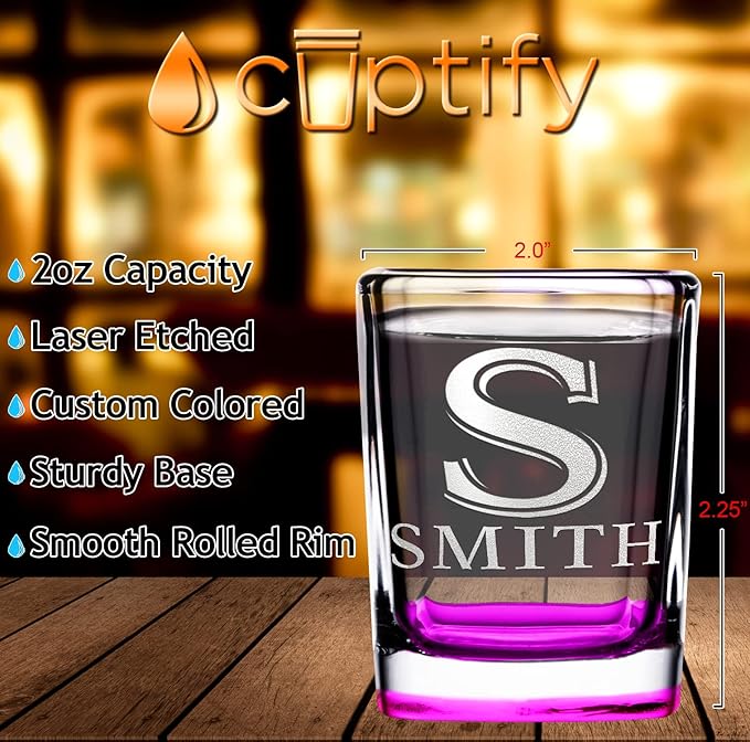 Personalized Square Shot Glasses Set of 8 Pink Bottom 2oz Engraved Initial and Name Custom Gifts, Weddings, Birthdays, Bachelorette Party and Decorations for Women
