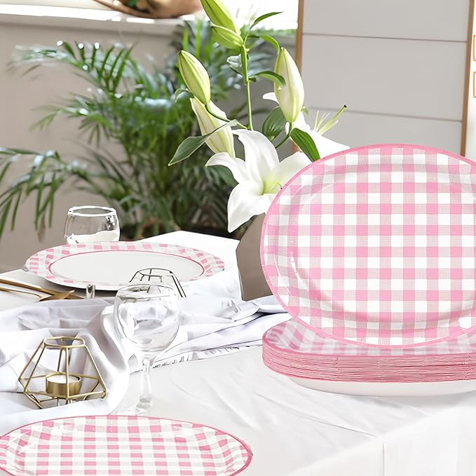 50Pcs Pink Gingham Oval Paper Plates 10" x 12" Large Disposable 400GSM Heavy DutyPink and White Buffalo Checked Plaid Dessert Plates for BBQ Picnic Birthday Summer Dinner Party Supplies Decorations