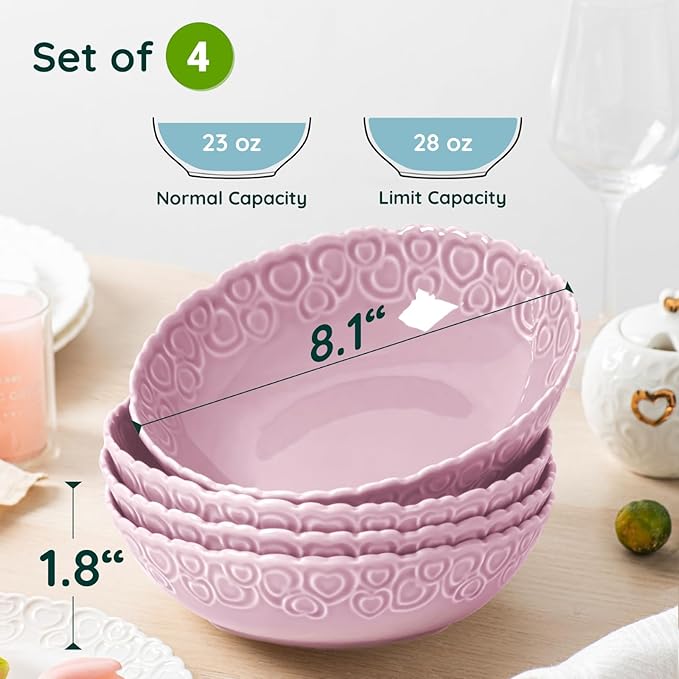 HOMBENE Heartbeat Pasta Bowls Set of 4, 28oz Salad Bowls Soup Bowl for Kitchen, Porcelain Wide and Shallow, Noodle, Soup, Pasta,Dinner, Microwave & Dishwasher Safe (Dreamy Sakura Pink)