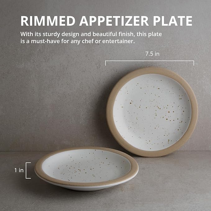 Goodies White & Brown Rimmed Appetizer Plates (Set of 4), Handmade Ceramic, Glazed, Dishwasher Safe, Microwave Safe, Durable, Easy-to-Clean, Stackable, 7.5 Inch