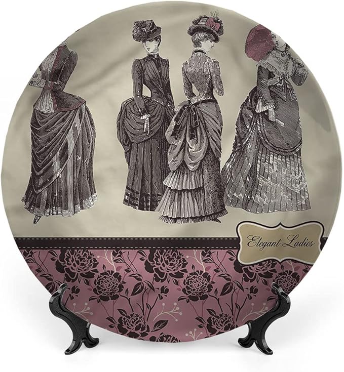Decorative Plates, Victorian Print Ornament, Women Fashion Handbag, 8 Inch, 1 Plate with 1 Display Stand, Multicolor