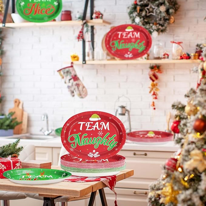 50Pcs Christmas Oval Paper Plates Team Naughty Team Nice Party Decorations 10" x 12" Large Disposable Heavy Duty 400GSM Red and Green Christmas Dinner Plates for Xmas Holiday Cocktail Party Supplies
