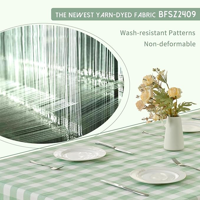 BALCONY & FALCON Gingham Table Cloth Rectangle – Reversible Water-Resistant Cotton Checkered Tablecloth for St. Patrick's Day, Outdoor Picnic, Camping, Kitchen (Green White, 55x71 Inch)
