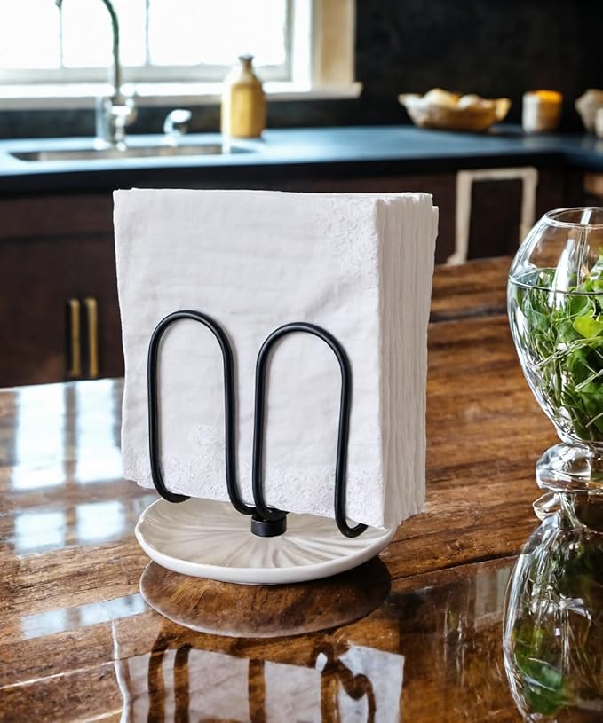 VROOMIUM Napkin Holder for Table, Effortless Cleaning Ceramic Base, 1 lb Weight, Black Napkin Holders for Paper Napkins, Servilleteros para Mesas