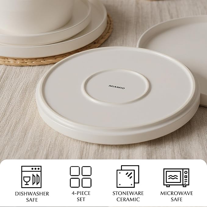 MIAMIO – Ceramic Dinner Plates Set for 4 People/Ceramic Dinnerware 4-Piece, Modern Stoneware, Dishwasher & Microwave Safe – Luxe Collection (White, 8 Inch)