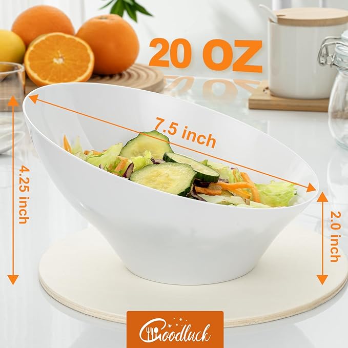 Goodluck 5 Pack White Plastic Serving Bowls for Party - 20 OZ Angled Disposable Serving Bowls for Wedding Party Chip, Candy, Salad & Fruit