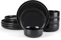 E-far Stoneware Dinnerware Sets for 4, 12-Piece Plates and Bowls Set, Modern Ceramic Dishes Dinning Ware, Microwave & Dishwasher Safe - Matte Black