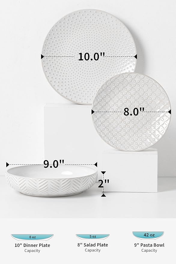 24-Piece Embossed Ceramic Dinnerware Set–8 Dinner Plates, 8 Salad Plates, 8 Pasta Bowls,Elegant & Durable Tableware for Large Families, Dishwasher & Microwave Safe