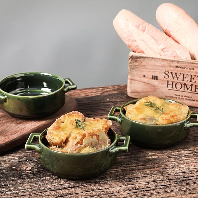 Vicrays Ceramic Soup Bowls with Handles, 24 Oz Porcelain Soup Crocks for French Onion Soup, Cereal, Beef Stew, Chill, Pasta, Pot Pies, Microwave and Oven Safe, Set of 4 (Green)