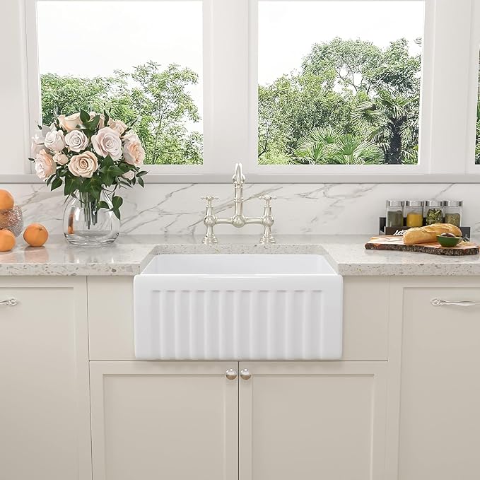 Sarlai White Farm Sink - 24 x 18 Inch Farmhouse Sink White Apron Front Ceramic Porcelain Fireclay Reversible Single Bowl Farm Farmer Sinks Laundry Utility Sinks Basin