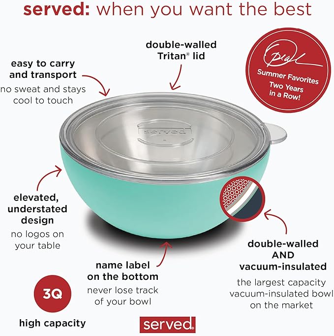 served Large Insulated Serving Bowl with Lid (100oz/3QT) - Double-Walled Stainless Steel Bowl for Hot & Cold Food - Vacuum Insulated, Spill-Resistant Thermal Bowl for Parties, Casseroles, Tailgates