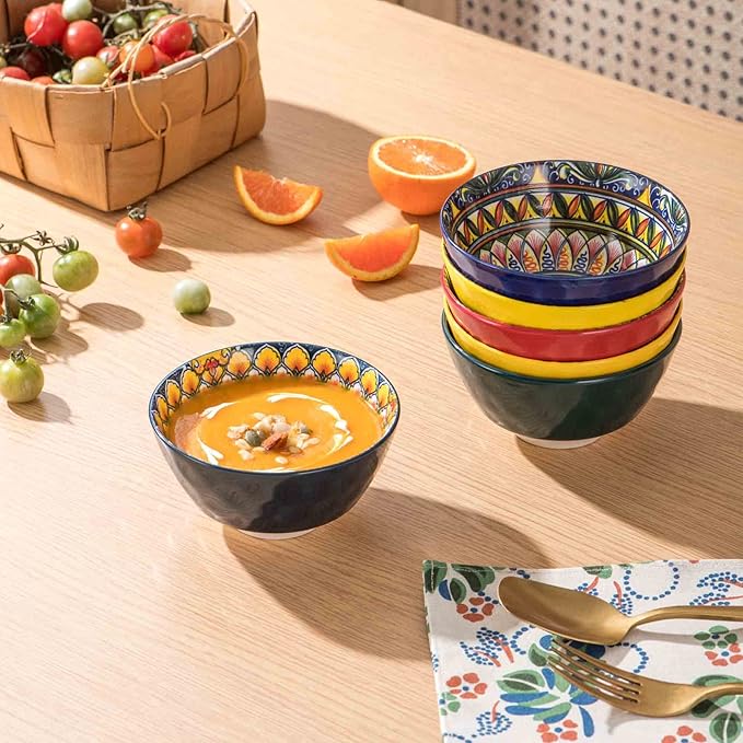 Henten Home Small Dessert Bowls Set of 6, Ceramic 12 oz Rice Bowls Set, Porcelain Colorful Serving Bowls for Snack, Ice Cream, Salad, Bohemia Style, Microwave & Dishwasher Safe