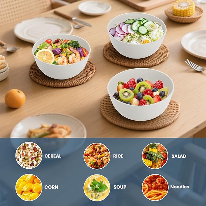 Wheat Straw Bowl 26oz, Cereal Bowls Sets of 6, Unbreakable Soup & Salad Bowl, Microwave & Dishwasher Safe Plastic Bowls for Kitchen, Dorm, Office, BBQ,Travel - White