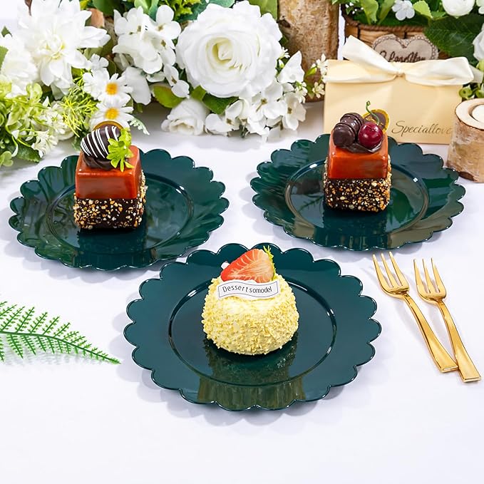 LIYH 200 Pcs Dark Green Dessert Plates - Disposable Cake Plates with Gold Forks, Gold Dessert Forks 5", Plastic Cake Plate 7.5" for Holiday Party