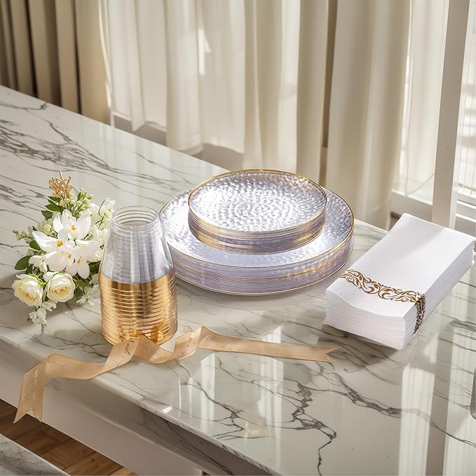 DaYammi 100 Pcs Gold Plastic Plates - 10 inch Clear Gold Dinner Plates Plastic Plates Disposable - Hammer Pattern Design - Fancy Disposable Plate - Heavy Duty Party Plate Ideal for Wedding