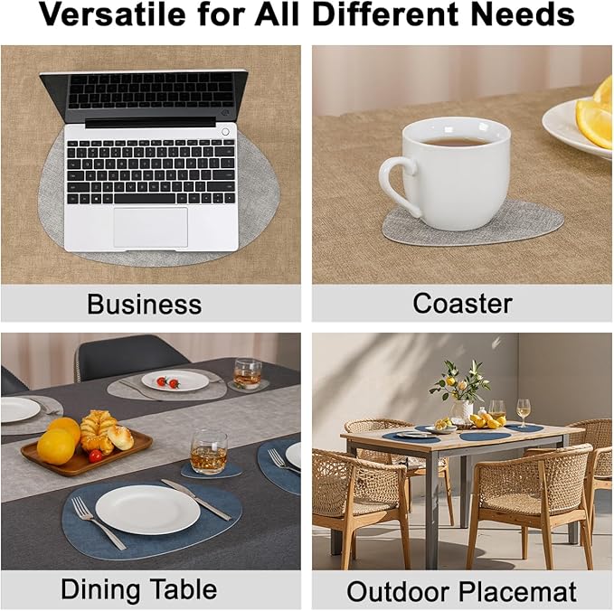 Placemats and Coasters, Washable Placemats Round Faux Leather Wipeable Place Mats Non Slip Heat Resistant Indoor Outdoor Table Mats (Set of 6, Light Gray Navy Blue)
