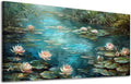 ADJUVANT Wall Art Impressionist Water Lily Pond 60" L x 30" W, Lotus Flower Canvas Painting Nature Artwork Green Water and Pink Blooms Prints Wall Decor for Living Room Bedroom Study Home Office
