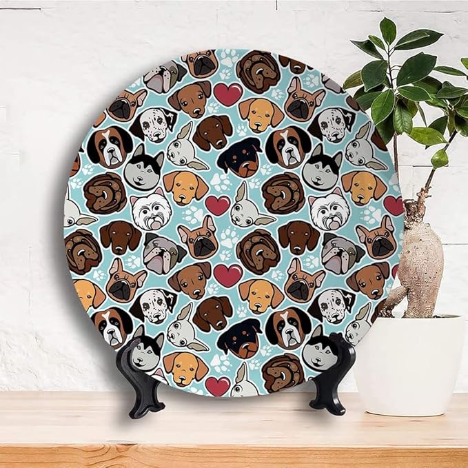 Decorative Plates, Dog Lover Print Ornament, Canine Breeds Bulldog Chihuahua Siberians and Retriever, 8 Inch, Kitchen Wall Decor, Multicolor