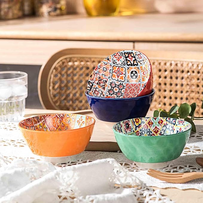 Henten Home Ceramic Small Bowls Set, 12 oz Soup Bowls Set of 4, Porcelain Snack Bowls Set for Salad, Rice, Ice Cream, Microwave & Dishwasher Safe Mosaic Style