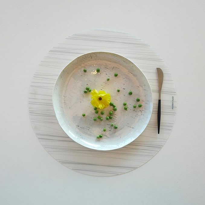 modern-twist 15" Round Silicone Placemat, BPA, PVC-Free Table Mat, Dishwasher Safe, Stream Print in Silver, Pack of 1