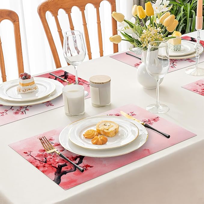 Japanese Cherry Blossom Placemats Set of 6, Pink Sakura Floral Place Mats, Flower Waterproof Washable Table Mats for Home Party Indoor Kitchen Dining Table Decoration 12x18 Inch