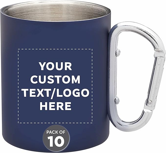 Custom Stainless Steel Mugs with Carabiner Handle 10 oz. Set of 10, Personalized Bulk Pack - Perfect for Coffee, Soda, Other Hot & Cold Beverages - Navy Blue