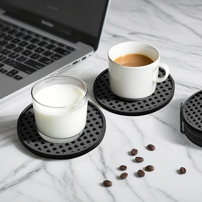 Coasters for Drinks, Silicone Coasters Set of 12 with ABS Holder, Outdoor Coaster for Coffee Table, Non-Slip Rubber Table Cup Mat Desk, Heat Resistant & Scratch-Proof (Black)